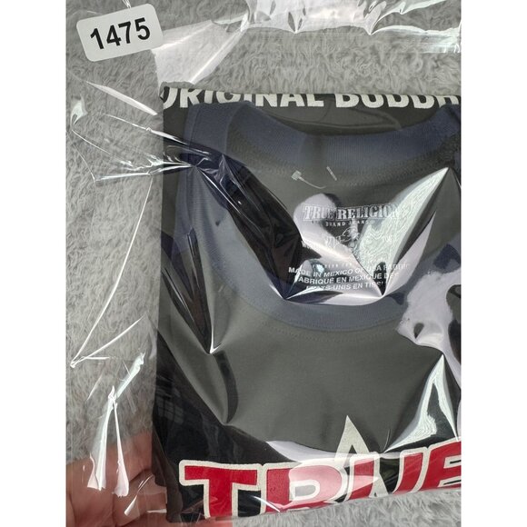 True Religion Mens Raglan Original Tee Size M Navy/Black Buddha Graphic Guitar - Picture 8 of 8